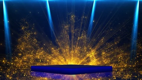 Blue award stage glowing platform, golden particle burst, cyan spotlights, cinem Stock Footage 340457222