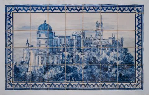Blue azulejo panel of tiles in yellow wall in with the Pena National Palace i Stock Photos