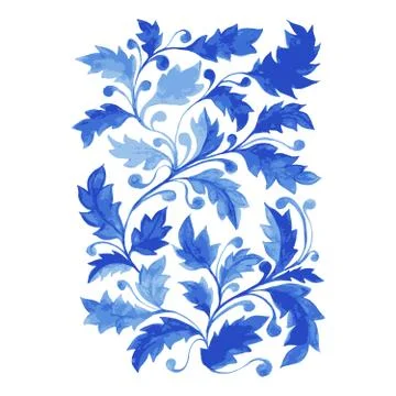 Blue Azulejo Poster, Vertical Vector Artwork with Watercolor Leaves, Curls and Stock Illustration