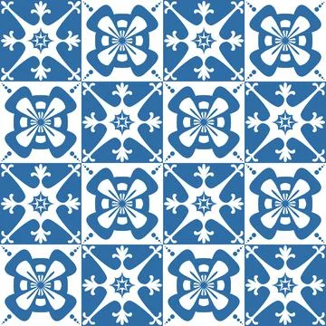 Blue Azulejo square pattern portuguese tiles for wall decor, traditional retr Stock Illustration