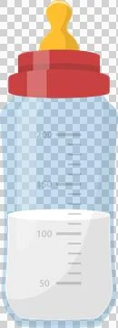 Blue baby bottle with red lid and yellow nipple, filled to about 110 ml wit.. Stock Illustration