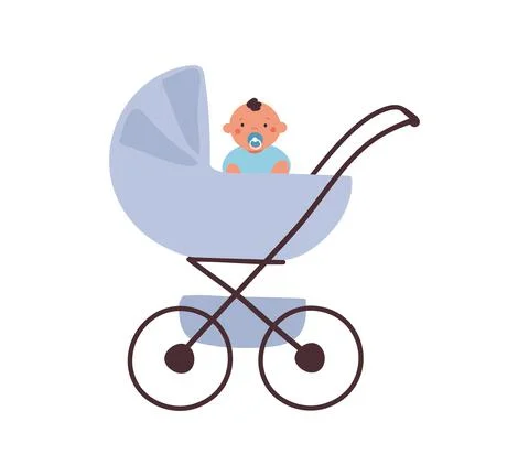 A blue baby carriage with a sitting baby with a pacifier. Element for design Stock Illustration