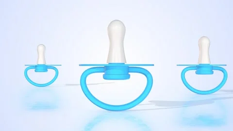 Blue Baby Pacifiers on a Light Reflective Floor. Stylized Pacifiers 3D. 4K Stock Footage 308174168
