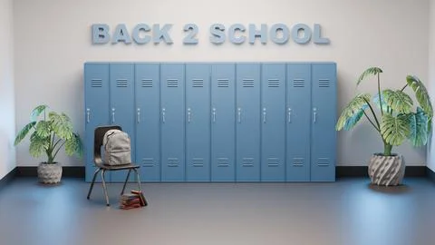 Blue Back 2 School lettering with lockers and plants in modern hallway Stockillustratie