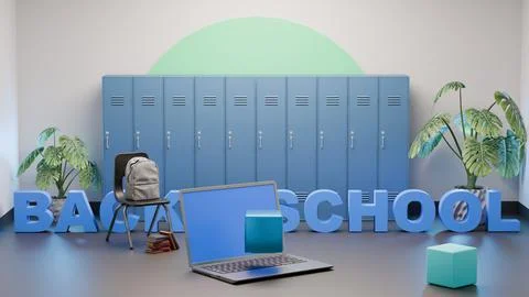 Blue Back 2 School text with laptop and lockers in academic render Stock Illustration