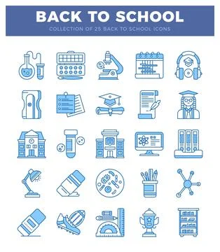 Blue back-to-school icons on a white background. Ilustración de archivo