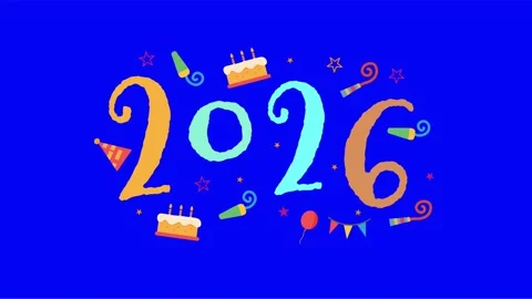 Blue background with 2026 text and birthday confetti elements Stock Footage 318634865