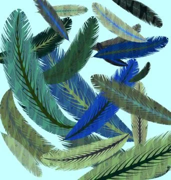 Blue background and image of flying colored feathers 스톡 일러스트