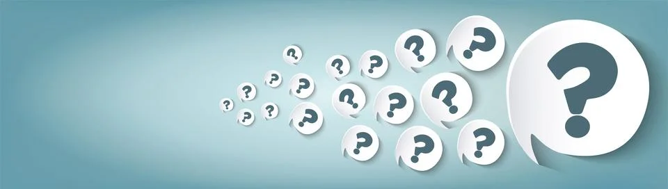 Blue background banner with speech bubble and question marks. Faq information Stock Illustration