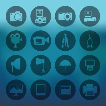 Blue background with circle camera and accessory icons set Stock Illustration