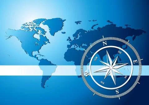 Blue background with compass and world map, vector illustration Stock Illustration