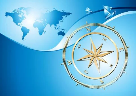 Blue background with compass and world map, vector illustration Illustrazione stock
