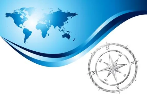 Blue background with compass and world map, vector illustration Stock Illustration