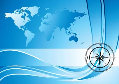 Blue background with compass and world map, vector illustration Stock Illustration