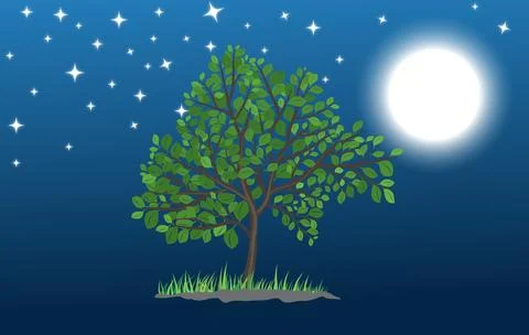 Blue background design with green tree moon vector illustration Stock Illustration