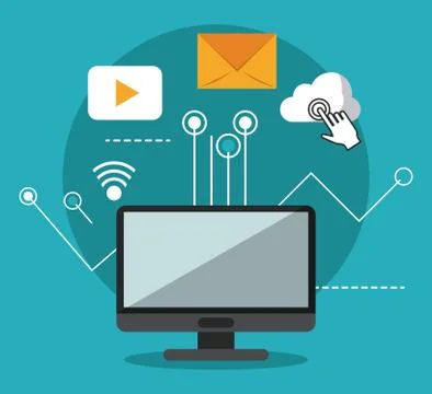 Blue background with desktop computer and link to common icons in upper part Stock Illustration