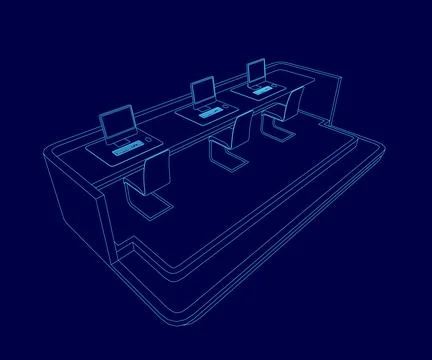 Blue background with a drawing of a table with three laptops on it. The laptops Illustrazione stock