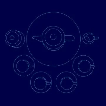 Blue background with a drawing of a tea set. The tea set is made up of six cups Stock Illustration