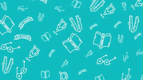 Blue background features playful school-themed icons Stock Footage 335894580