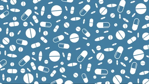Blue background with flat drawn icons of medical capsules, pills Stock Footage 315504234