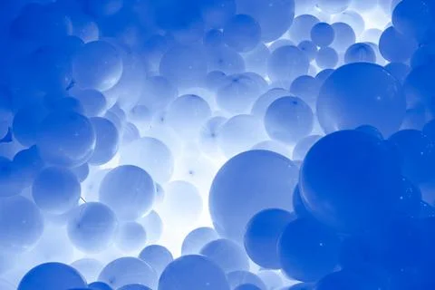 Blue background with flying balloons - clean design, 3d abstract realistic .. Stock Illustration