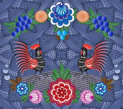 Blue background with folk Russian patterns for the design of textiles, the pr Stock Illustration