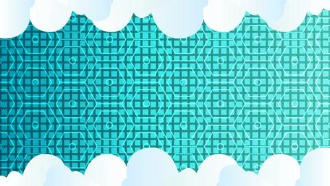 Blue Background Geometric Pattern With Cloud Accents and Abstract Artwork Stock Illustration
