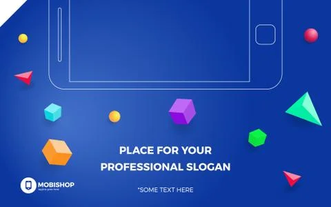 Blue background with Geometric Vector elements. Triangles, cube and circle fi Stock Illustration