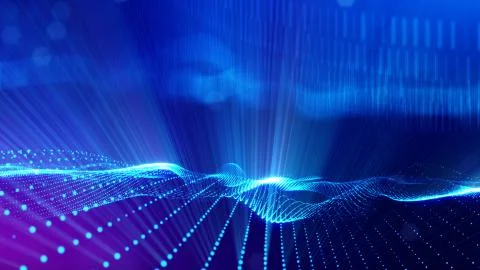 Blue background of glowing particles with depth of field and bokeh as microworld 스톡 사진