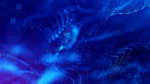 Blue background of glowing particles with depth of field and bokeh as microworld 스톡 사진