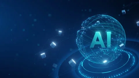 A blue background with a glowing sphere with the letters AI on it Stock Footage 287471254