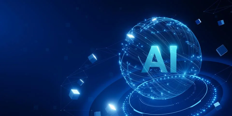 A blue background with a glowing sphere with the letters AI on it Illustrazione stock