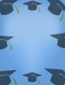 Blue background with graduation caps blank graduation banner template blur. Stock Illustration