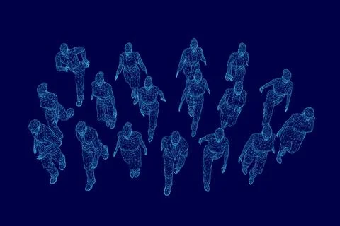Blue background with a group of people in motion. The people are in various Stock Illustration