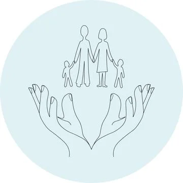 On a blue background, hands are held protecting the family Stock Illustration