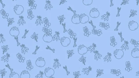 Blue background has drawings of tomatoes radishes asparagus and leaves scattered Stock Footage 318996216