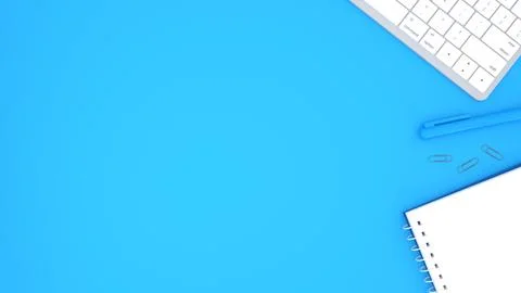 Blue background, keyboard, notepad and accessories, copy space, flat lay, t.. Stock Illustration