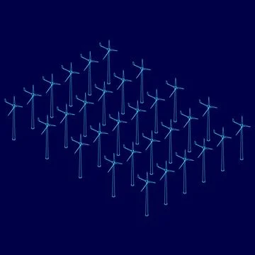 Blue background with a large number of wind turbines. The wind turbines are all Stock Illustration