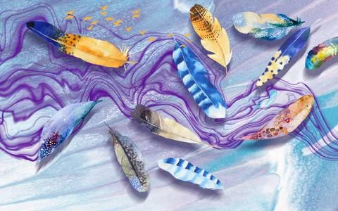 Blue background with lilac waves, large multi-colored variegated feathers Stock Illustration