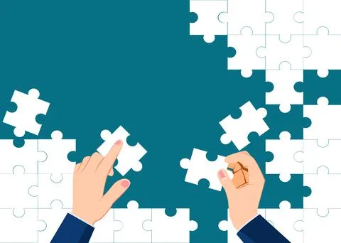 The blue background is made of white puzzle pieces. Empty place for your cont Illustrazione stock