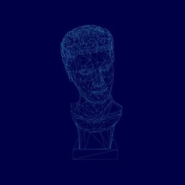 Blue background with a man's face in the center. The face is made up of lines Ilustração Stock