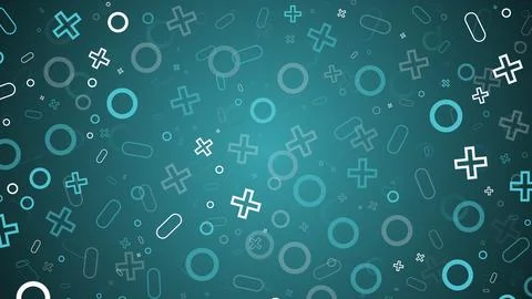 A blue background with many different shapes and symbols, including circles Illustrazione stock