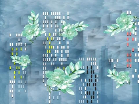 Blue background, many small rectangles, light green flowers with leaves Stock Illustration