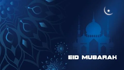 A blue background with a mosque and the ward Eid Mubarak, greeting card, Stock Illustration