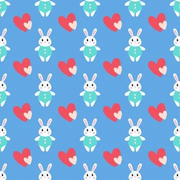 A blue background with a pattern of rabbits and hearts Stock Illustration