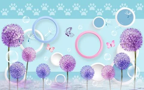 Blue background with paws, multi-colored rings, multi-colored dandelions Stock Illustration