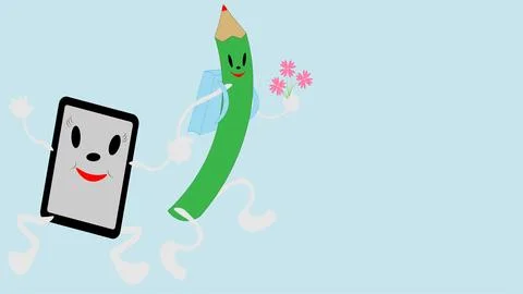 On a blue background, a pencil with a backpack and flowers holds a tablet in his Stock Illustration