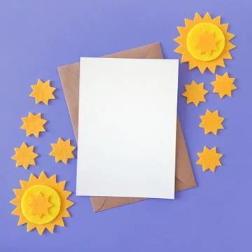 Blue Background Postcard Flat Lay Stars Mockup Stock Photos