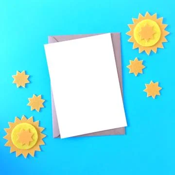 Blue Background Postcard Flat Lay Stars Mockup Stock Photos