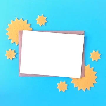 Blue Background Postcard Flat Lay Stars Mockup Stock Photos